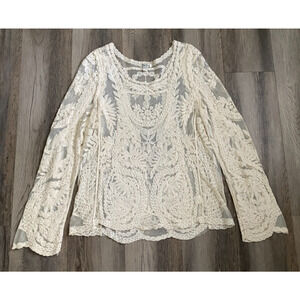 Vintage Y2K Mesh Floral Embroidery Flare Sleeve Top OS Ivory Sheer Boho Chic